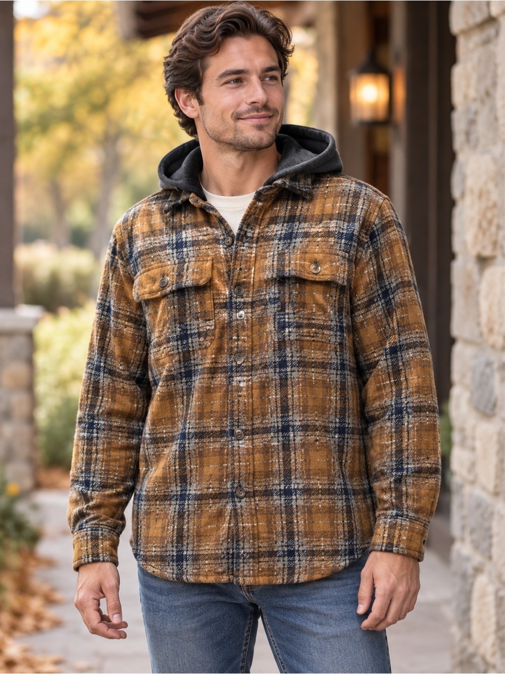 Old Navy Hooded Soft-Brushed Flannel Shirt Blue Brown Plaid Men’s Large 474356